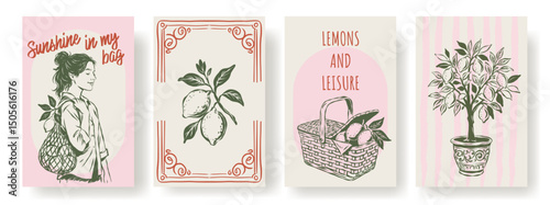 Set of hand-drawn posters with lemons, trees, and summer elements. Retro Italian La Dolce Vita theme. Perfect for kitchen decor, packaging, postcards, Mediterranean illustrations