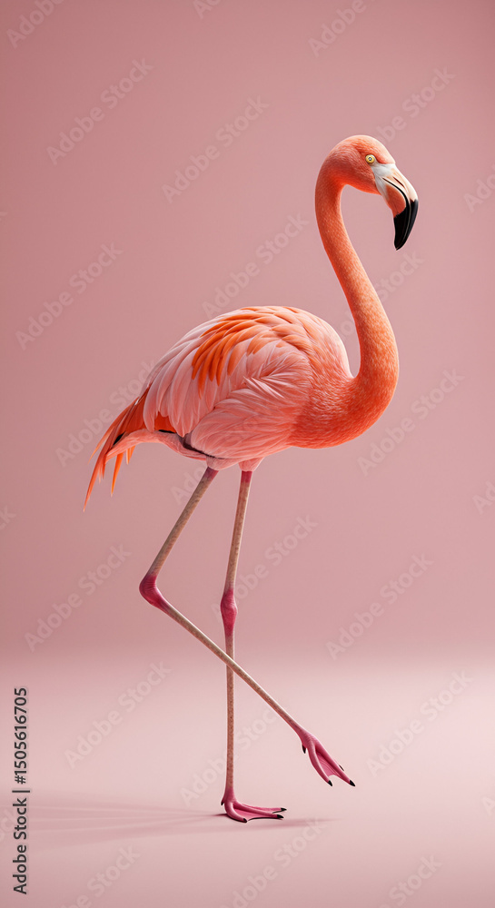 Fototapeta premium Pink flamingo in profile view on a soft pink background. Elegant pose with a detailed, vibrant plumage. Wildlife + educational/nature photography. studio.