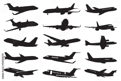 A collection of twelve black silhouettes of various airplanes, including passenger jets and private aircraft, presented against a white background.
