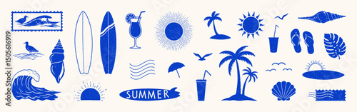 Summer hand drawn collection. Surf, tropical vacation set.