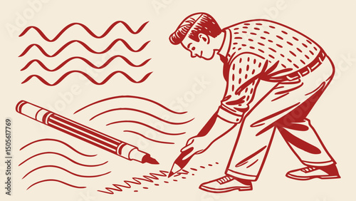 Man Drawing Wavy Lines with a Tool