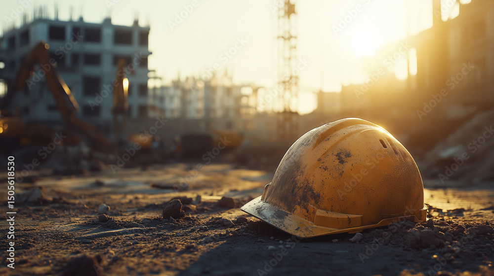 A yellow construction helmet lies on the ground in a construction site, with buildings and equipment in the background under a bright sun. A yellow construction helmet lies on the ground in a construction site, with buildings and equipment in the background under a bright sun.