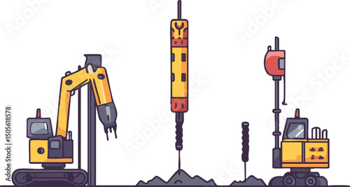 Modern vector flat line art depicting a heavy-duty drilling machine, emphasizing precision engineering with simplified geometric shapes and smooth outlines. 