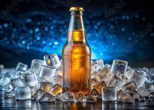 Cold refreshing beer in ice cubes.