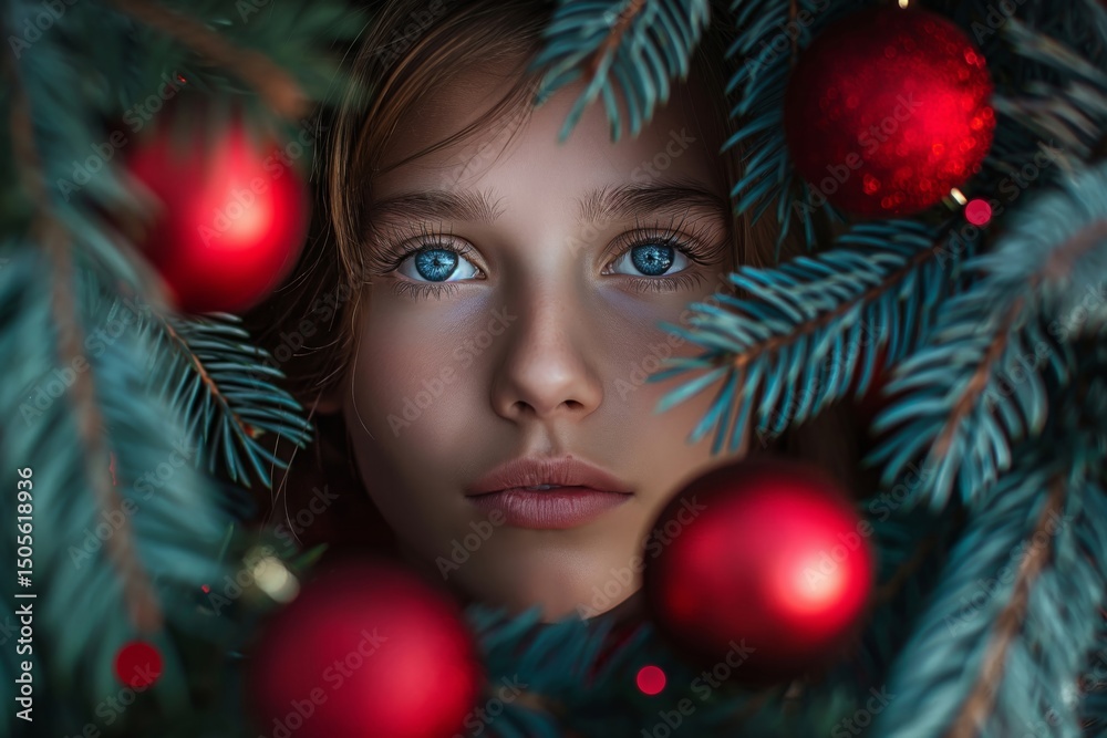 Close-up of child’s face surrounded by Christmas tree and red ornaments. Christmas magic concept.
Close-up of child’s face surrounded by Christmas tree and red ornaments. Christmas magic concept.