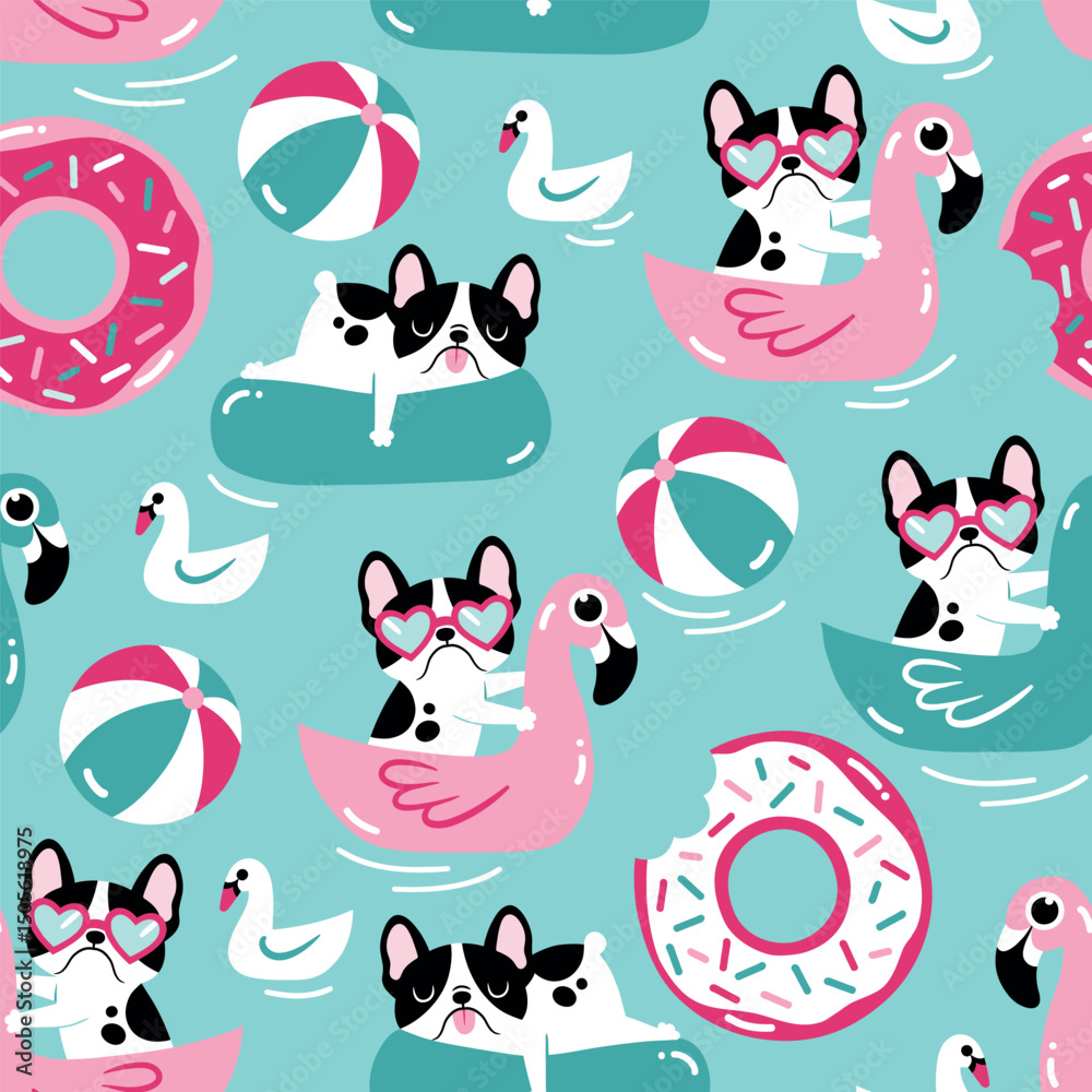 Obraz premium Seamless vector pattern with cute dog and pool float. Hand drawn summer swimming dog background. Perfect for textile, wallpaper or print design. EPS 10 vector file.