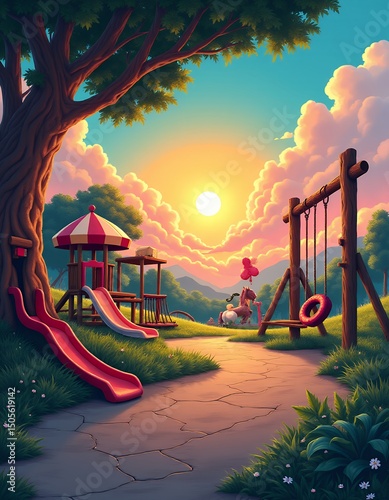 Playground scene with sunset vibrant childhood activity illustration