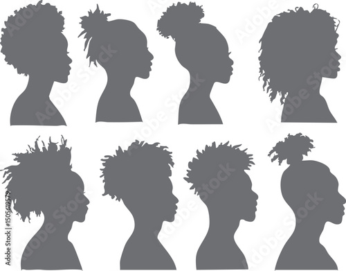 Modern silhouettes of Black men and women with various hairstyles, designed for Juneteenth celebrations and cultural appreciation in digital designs.