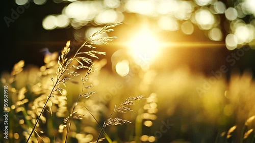 Golden hour bathes gentle grass, lens flare brightens a summer field, illuminating the bokeh and bringing warmth