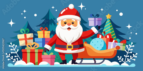 cute Santa Claus carrying sleigh with gift boxes. Santa Claus brought gifts for Holidays. Christmas delivery concept and white background