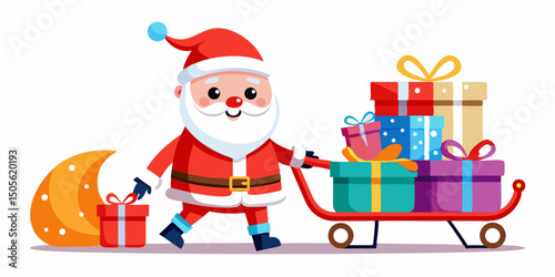cute Santa Claus carrying sleigh with gift boxes. Santa Claus brought gifts for Holidays. Christmas delivery concept and white background