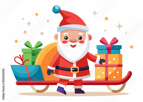 cute Santa Claus carrying sleigh with gift boxes. Santa Claus brought gifts for Holidays. Christmas delivery concept and white background
