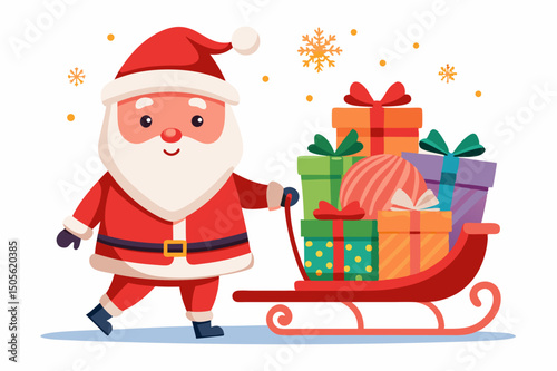 cute Santa Claus carrying sleigh with gift boxes. Santa Claus brought gifts for Holidays. Christmas delivery concept and white background