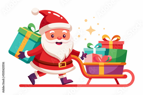 cute Santa Claus carrying sleigh with gift boxes. Santa Claus brought gifts for Holidays. Christmas delivery concept and white background
