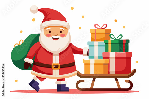 cute Santa Claus carrying sleigh with gift boxes. Santa Claus brought gifts for Holidays. Christmas delivery concept and white background