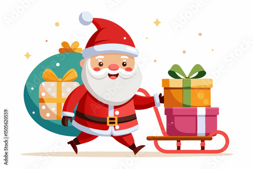 cute Santa Claus carrying sleigh with gift boxes. Santa Claus brought gifts for Holidays. Christmas delivery concept and white background