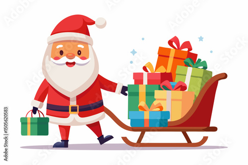 cute Santa Claus carrying sleigh with gift boxes. Santa Claus brought gifts for Holidays. Christmas delivery concept and white background