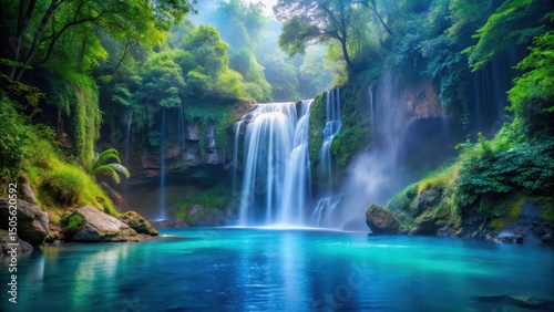 Deep blue mist rises from the edge of a rugged waterfall  cascading into a tranquil pool surrounded by lush greenery and serene atmosphere   foliage  landscape