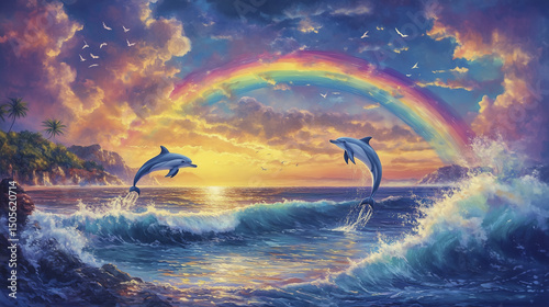 Two dolphins jumping out of the sea against a backdrop of a rainbow and sunset.