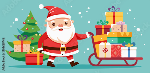 cute Santa Claus carrying sleigh with gift boxes. Santa Claus brought gifts for Holidays. Christmas delivery concept and white background
