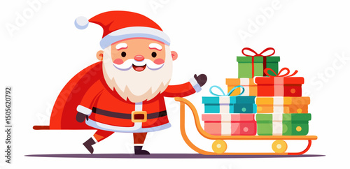 cute Santa Claus carrying sleigh with gift boxes. Santa Claus brought gifts for Holidays. Christmas delivery concept and white background