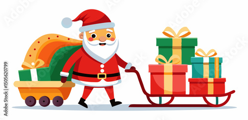 cute Santa Claus carrying sleigh with gift boxes. Santa Claus brought gifts for Holidays. Christmas delivery concept and white background