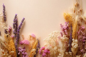 a lush border of assorted dried botanicals--lavender sprigs, pampas-grass plumes, eucalyptus leaves