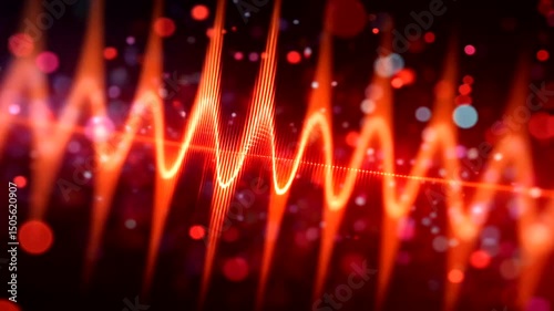 Abstract visualization of a red waveform, adorned with bokeh and particle effects against a dark background, creating a vibrant display