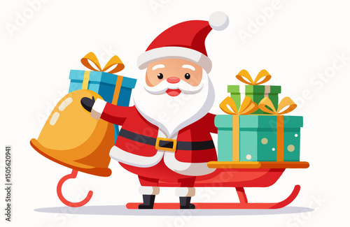 cute Santa Claus carrying sleigh with gift boxes. Santa Claus brought gifts for Holidays. Christmas delivery concept and white background
