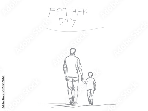 Clean line art illustration of a dad and son playing together, expressing happiness, bonding, and love, designed for Father's Day creative content.