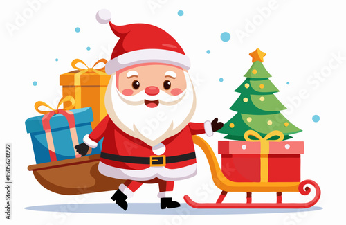 cute Santa Claus carrying sleigh with gift boxes. Santa Claus brought gifts for Holidays. Christmas delivery concept and white background