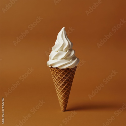 A single serving of soft-serve ice cream in a waffle cone, on a muted brown background; clean, minimalist aesthetic