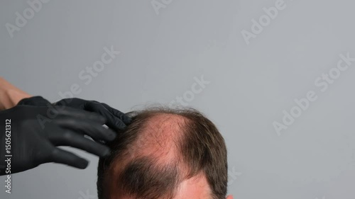 A close-up of a man's head with visible hair loss and thinning on the crown, as a person wearing black gloves examines the scalp. Concept of baldness treatment or hair restoration.