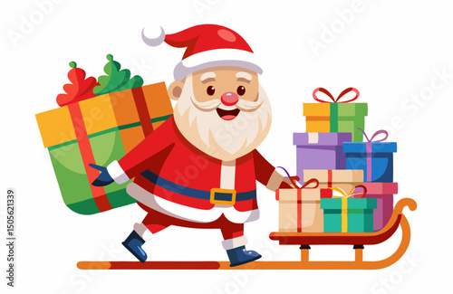 cute Santa Claus carrying sleigh with gift boxes. Santa Claus brought gifts for Holidays. Christmas delivery concept and white background