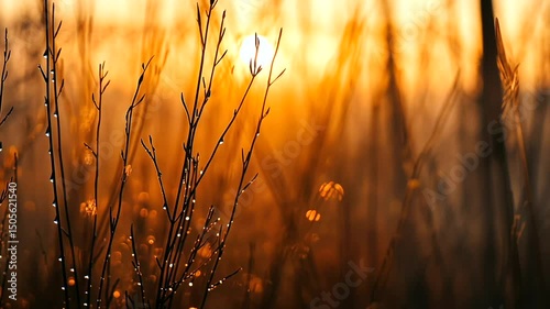 Dewy Silhouettes.
Golden sunlight streams through tall grass, illuminating slender branches adorned with glistening dew droplets