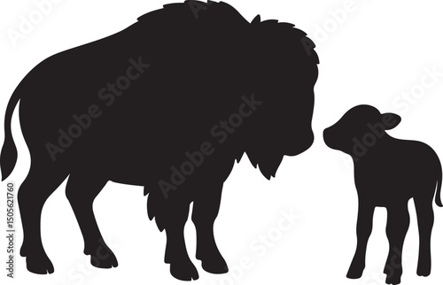 Buffalo with calf icon clip art silhouette vector animal family illustration.