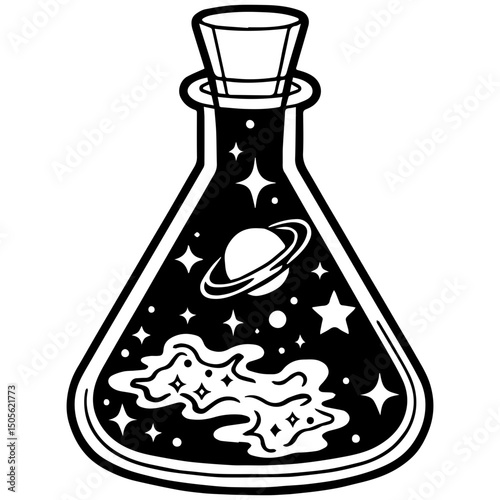 Poison bottle, flask filled with space elements and stars in black outline. Vector illustration 