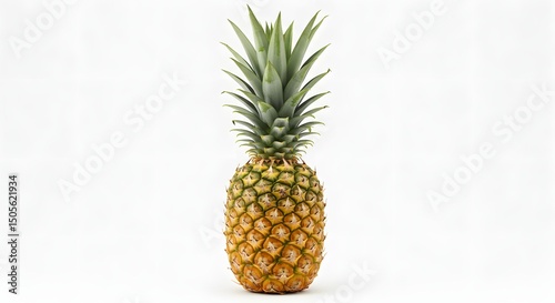 A fresh, whole pineapple with its crown intact, standing upright on a pristine white background photo
