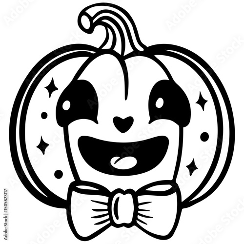 Happy pumpkin character with bowtie and smiling face in outline style  
