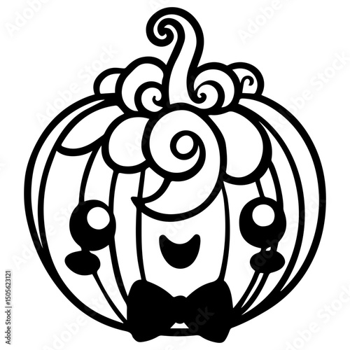 Vector illustration of pumpkin character with curly hair and bow tie smiling. Silhouette, line art 