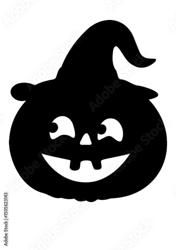 Cartoonish Halloween pumpkin with witch hat and smiling face. Vector isolated illustration 