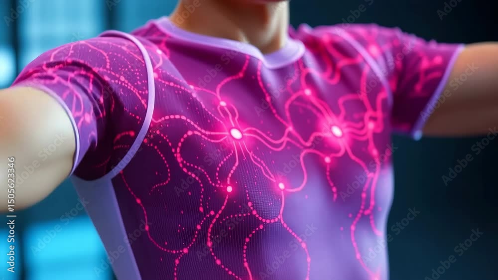 Futuristic sportswear shirt for woman featuring glowing pink pattern, closeup of high tech athletic activewear, innovative modern design, energetic style, wearable technology, dynamic textile