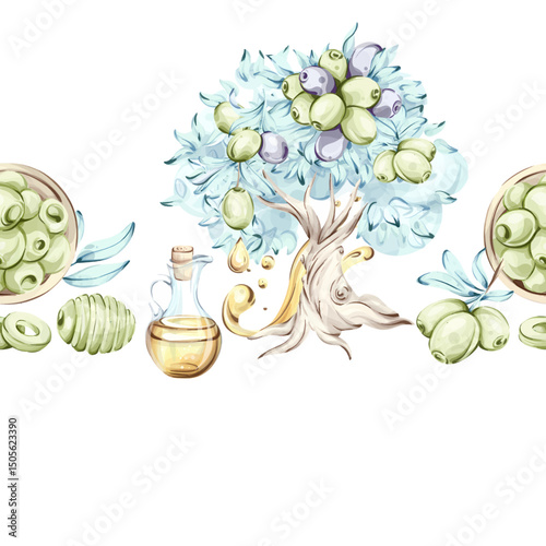 Olives and olive oil in a seamless pattern frame with watercolor illustrations highlighting the beauty of Italian cuisine and nature showcasing the arrangement of olives an olive tree and oil
