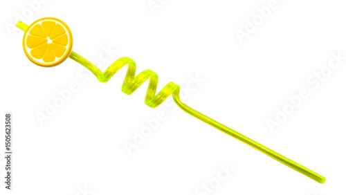 Top view of a yellow spiral straw with a lemon slice decoration, ideal for summer cocktails and festive beverages, isolated on white background.