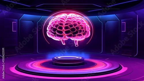 A stylized, futuristic rendering features a glowing pink brain on a platform in a sleek, neon-lit environment with dark walls