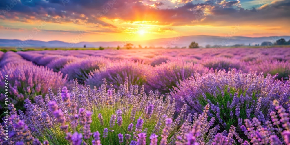 Fototapeta premium Colorful lavender fields in full bloom with soft gentle sunlight filtering through the flowers