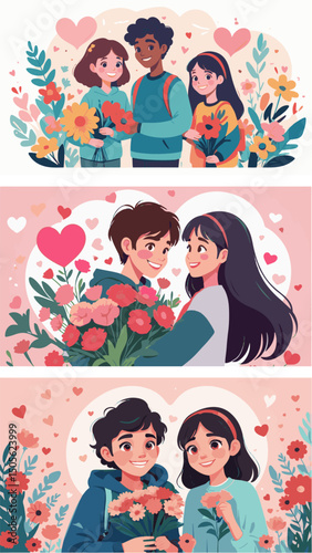 Adorable flat vector illustration depicting a cute moment between teenagers: a guy awkwardly surprises a girl