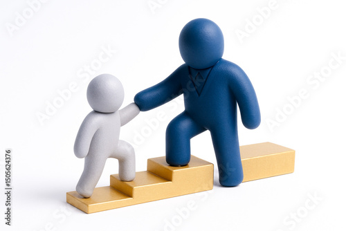 Symbolic representation of business success and teamwork with two figures helping each other up staircase, showing cooperation and achievement