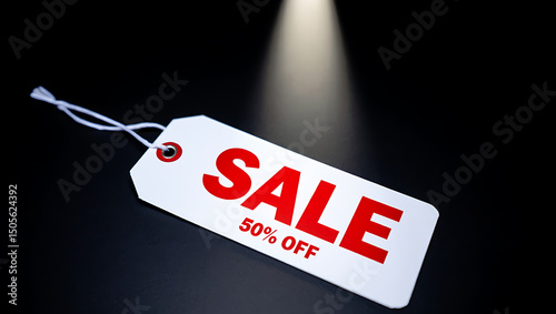 Sale tag with 50 percent off text under spotlight