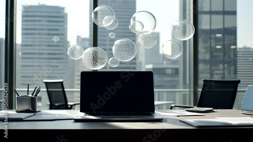 Workplace showcasing a laptop against a backdrop of city buildings, adorned with digital globe-like bubbles overlaying the window view